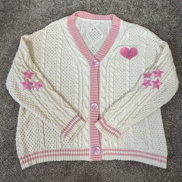 Ur My Lover Cardigan Chunky Cable Knit Button Cardigan Pink Cream Hearts L/XL - Picture 1 of 9